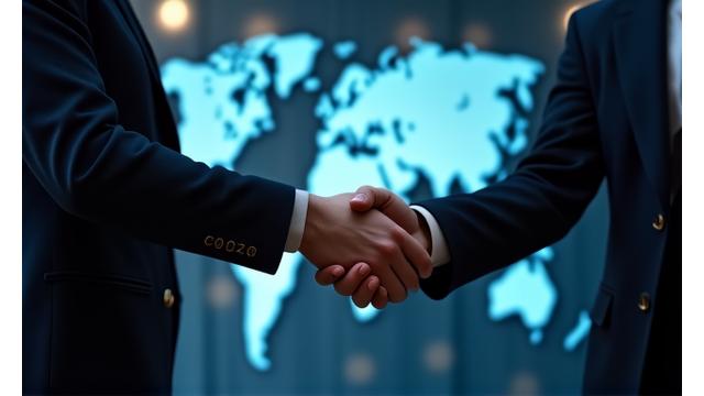 世界地図を背景に握手するビジネスパーソンのシルエット。グローバル展開を示す