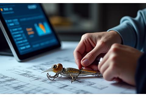 設計図とデータ分析の結果を基にルアーを改良する技術者の手