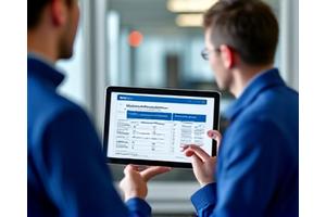 タブレットを使った技術者が、使用環境データに基づいてマリンハードウェアの予防保全プログラムを説明している。