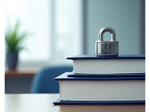 個人情報保護法と法令遵守を象徴する、法律書や法規集の上に置かれた安全なロックアイコン。背景は清潔なオフィス環境で、信頼性と透明性を表現。