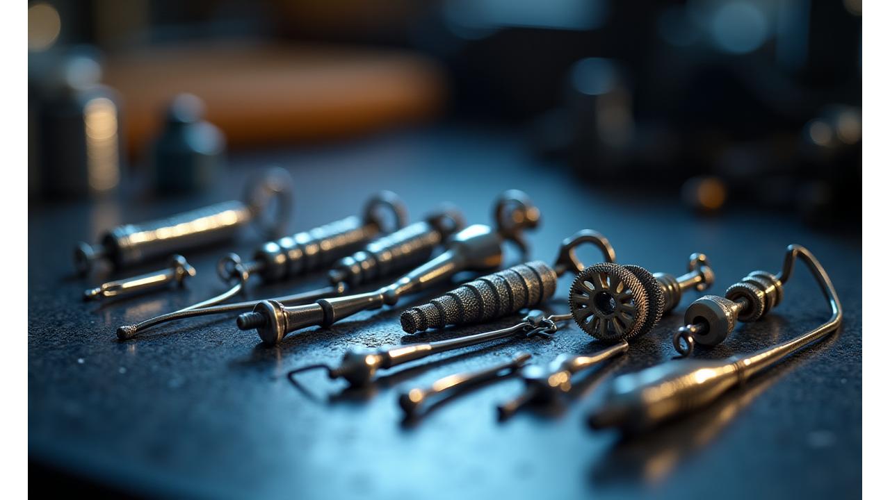 多様な釣具金属部品が並び、精密加工の様子を示す